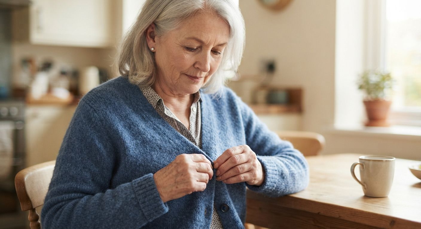 Лечение болезни Паркинсона Пожилая женщина застёгивает кардиган